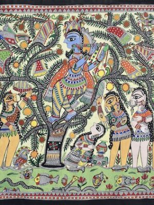 AVS Dulari Devi- Krishna Stealing the Sari's of the Gopies, acrylic on paper 22x30