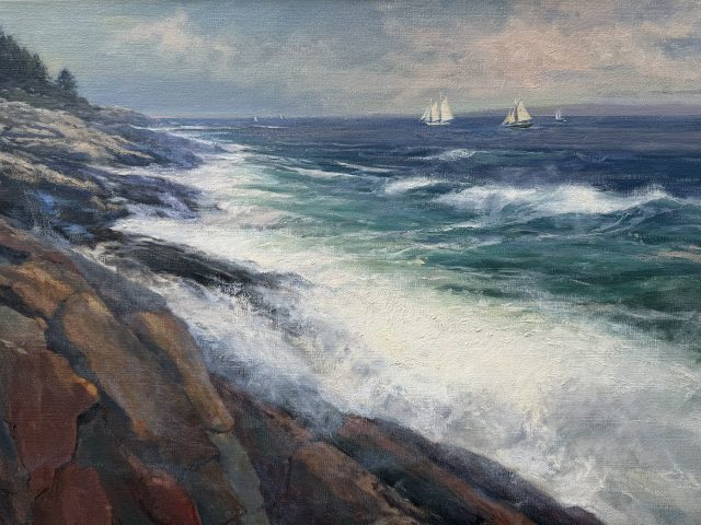 AVSJJonesShores of Pemequid Waves crashing on shore with small sailboats
